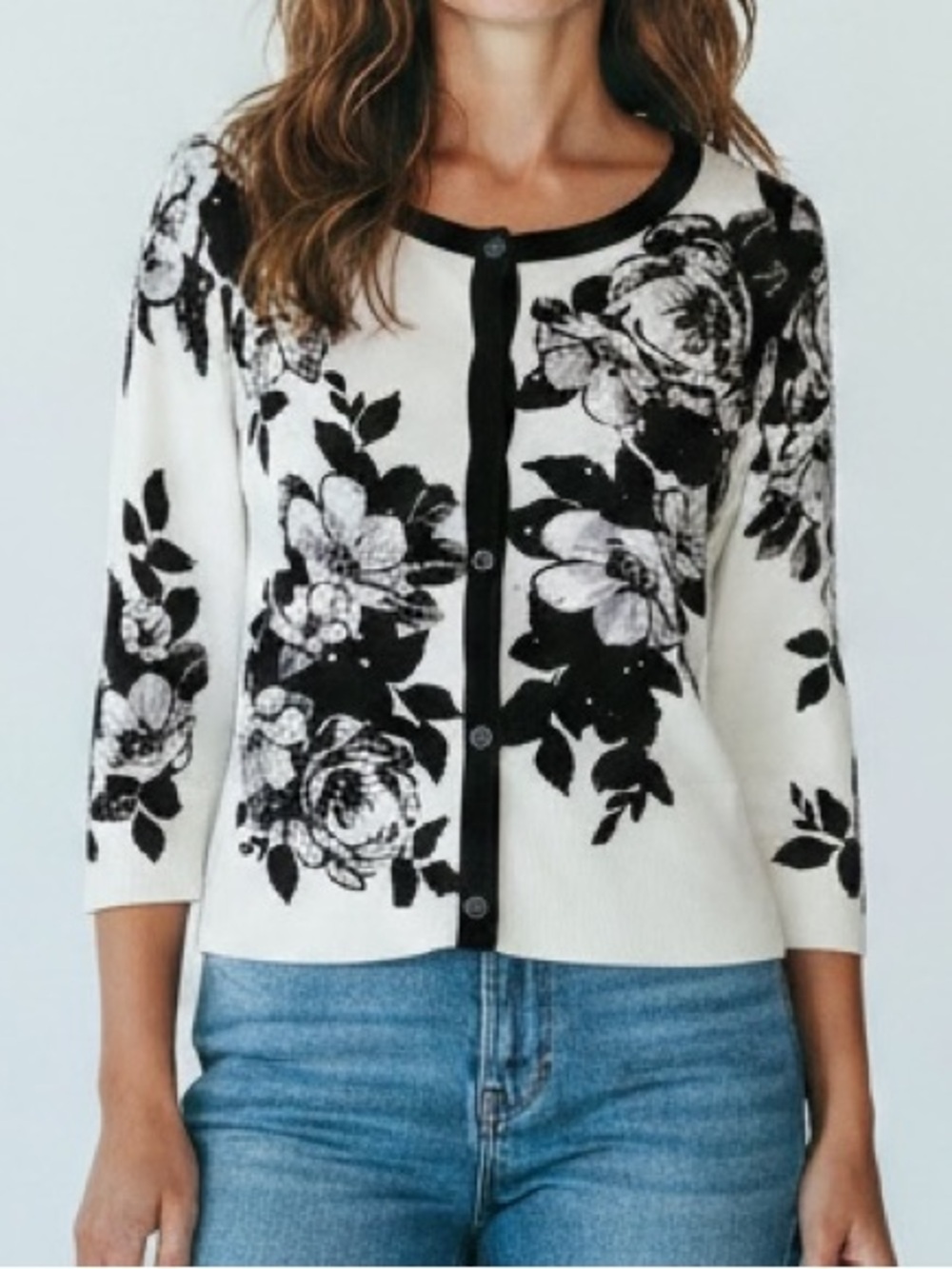 White House Black Market Floral Black and White Cardigan with Rhinestones Size M